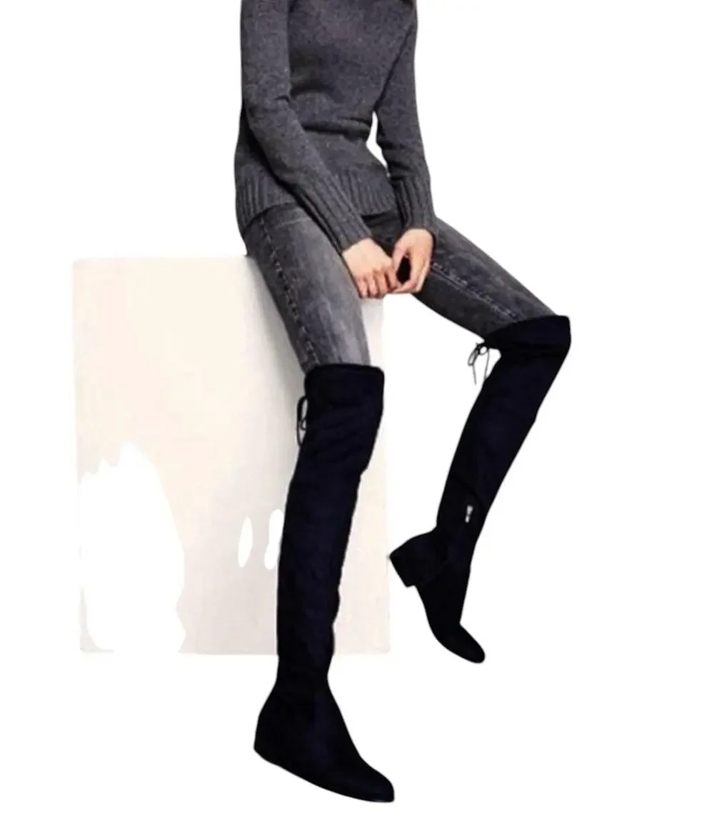 Marc Fisher Renn Over the Knee Boots SIZE 5.5 Womens Microsuede Tie Zip Black
